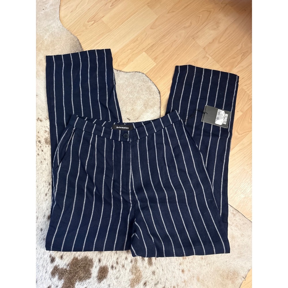 REFORMATION NEW Navy Linen Striped Trouser Pants‎ Size 6